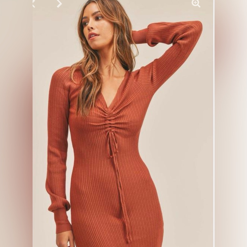 Rust Long Sleeve Ribbed Dress - Picture 2 of 9